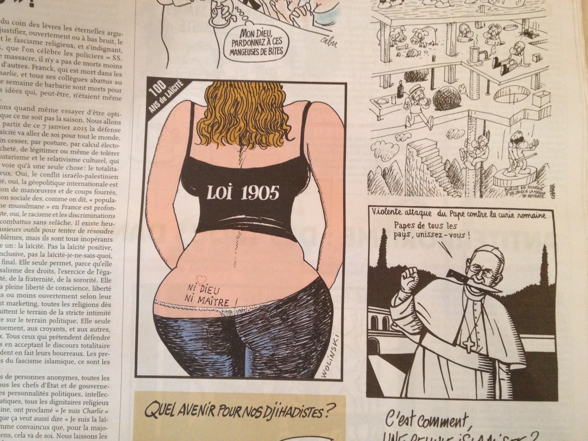 14.jan.2015 - Nesta charge com o título "violento ataque do papa contra a cúria romana", o papa Francisco aparece com uma faca na boca e diz: " Papas de todos os países, uní-vos" - Reprodução