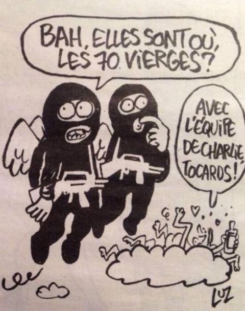 14.jan.2015 - Nesta charge do cartunista Luz, sobrevivente do atentado à redação do "Charlie Hebdo", os dois atiradores se perguntam onde estão as 70 virgens, referência ao paraíso islâmico. Em uma nuvem, um grupo responde: "com a equipe do Charlie, perdedores" - Reprodução