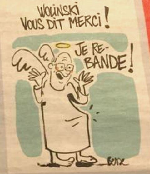 14.jan.2015 - O cartunista francês George Wolinski, uma das vítimas do atentado contra a revista "Charlie Hebdo" em Paris, foi homenageado com uma charge. "Wolinski diz obrigado a vocês!? é o título. Abaixo, o cartunista usa uma gíria para afirmar que conseguiu ter uma ereção novamente - Reprodução