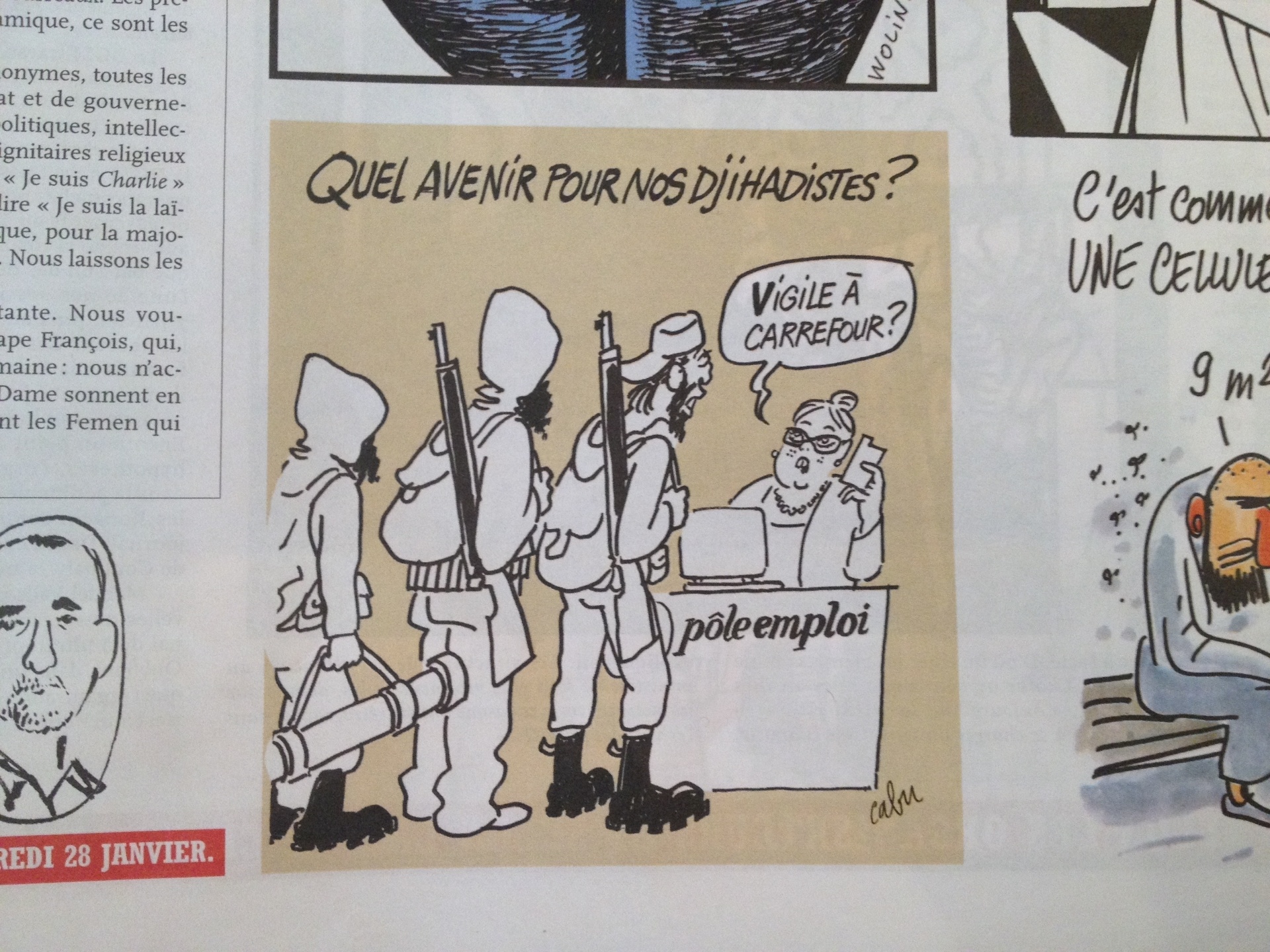 14.jan.2015 - "Qual o futuro para os nossos jihadistas?" é o tema desta charge do cartunista Cabu, morto no atentado contra a revista "Charlie hebdo". Na imagem, homens armados estão em fila diante de um balcão de agência de emprego, enquanto a atendente pergunta: "segurança no Carrefour?" - Reprodução
