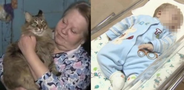 O gato Macha não quis deixar o bebê, mesmo com a chegada de médicos - Reprodução/TV Zvezda