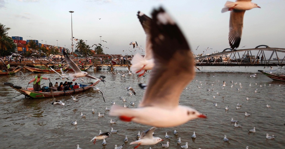 22.jan.2015 - Passageiros de um barco alimentam gaivotas, em Yangon, em Mianmar