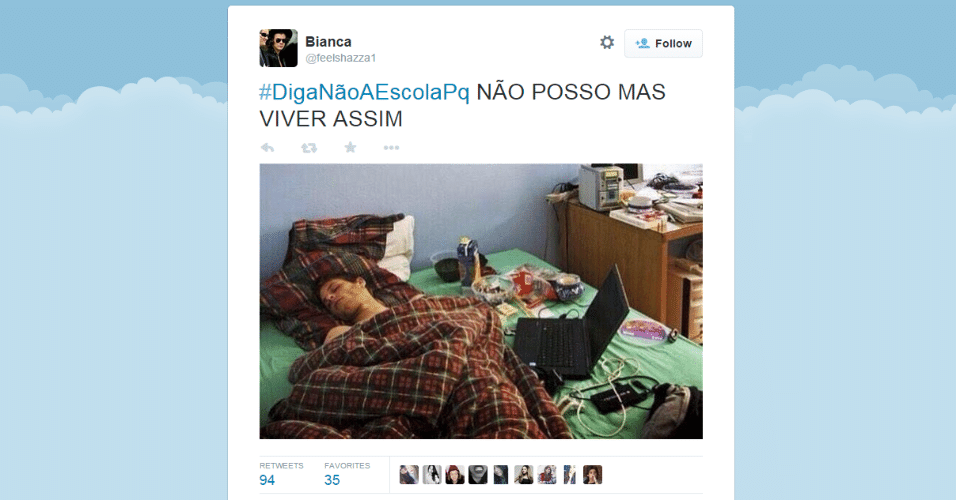 O retorno às aulas em grande parte das escolas do país rendeu muitos memes e piadas nas redes sociais. A hashtag #DigaNãoAEscolaPq ("Diga não à escola porque...") foi parar nos assuntos mais comentados do Twitter brasileiro. Confira algumas das piadas