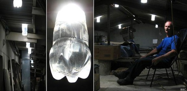 Criador e criatura: o mecânico Alfredo Moser criou a lâmpada que mistura água e cloro em uma garrafa plástica durante a série de apagões que o Brasil enfrentou em 2002 - BBC