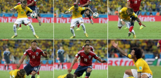 Sequência de fotos detalha lance em que o jogador colombiano Zuñiga atinge Neymar - Nilton Fukuda/Estadão