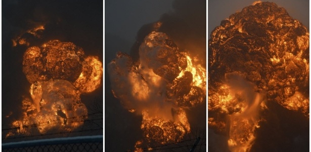 Montagem mostra a sequência de uma explosão após o descarrilamento de um trem que transportava petróleo em Mount Carbono, em Virgínia Ocidental (EUA), na segunda-feira (16) - Steve Keenan/Reuters