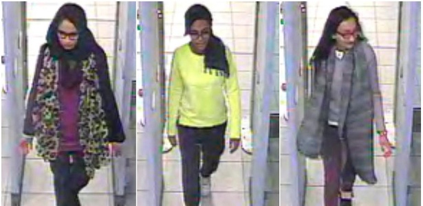 Montagem com imagens de câmeras de segurança mostram as adolescentes britânicas Shamima Begun, Amira Abase e Kadiza Sultana caminhando pelo aeroporto de Gatwick