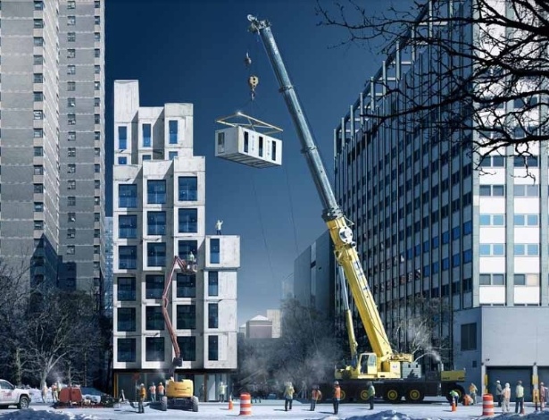 Ilustração mostra como deve ser a montagem do prédio com módulos pré-fabricados - Prefeitura de Nova York
