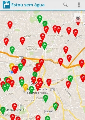 Tela do aplicativo Estou Sem Água, dedicado a mapear pontos de falta de água na cidade - Divulgação