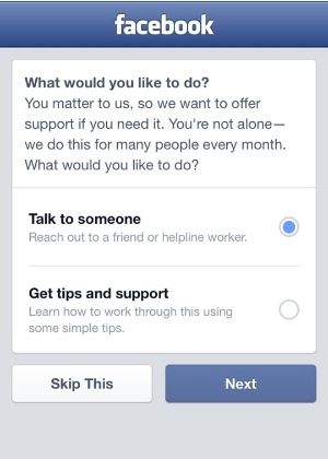 Nos EUA, Facebook expande recurso de ajuda a pessoas com tendências suicidas; acima, uma das telas que aparece para o usuário notificado - Divulgação