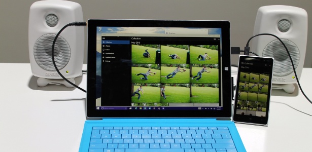 Na imagem, um Lumia 830 (dir.) e um tablet Surface (esq.) rodando o Windows 10; sistema sincroniza fotos automaticamente entre aparelhos - Guilherme Tagiaroli/UOL
