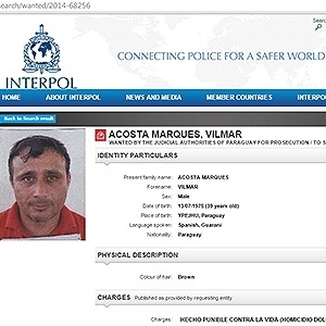 Reprodução da página oficial da Interpol na internet mostra ficha do traficante paraguaio Vilmar Acosta Marques, preso no MS - Reprodução/Interpol