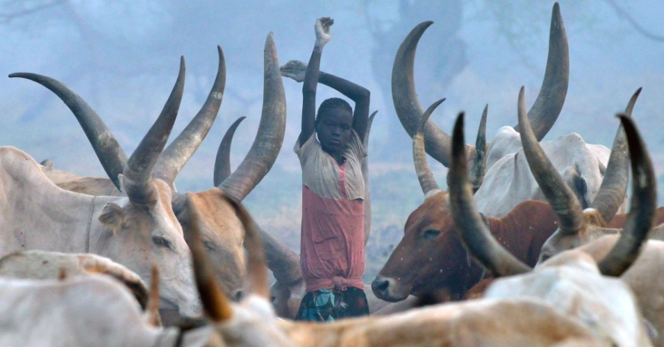 6.mar.2015 - Jovem é retratado entre cabeças de gado na cidade de Nyal, um centro administrativo no estado de Unity, no Sudão do Sul