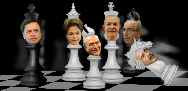 No xadrez governamental, o ministro Aloizio Mercadante tropeça, e Dilma precisa manter Lula por perto e contar com o apoio de Michel Temer para sair da armadilha política - Arte/UOL