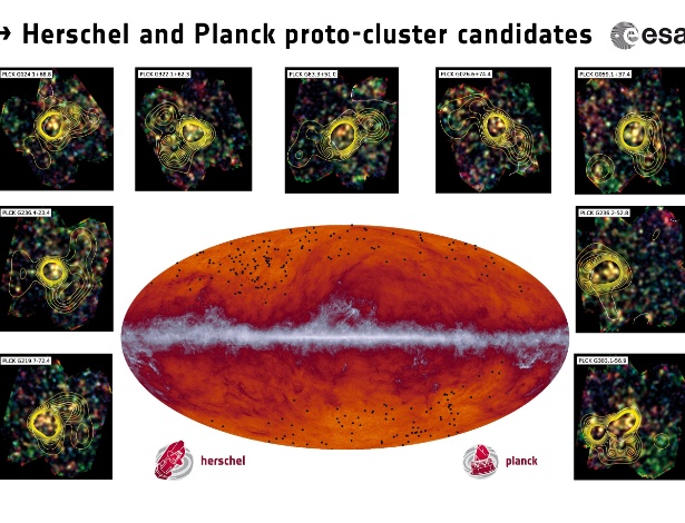 Os satélites Planck e Herschel, foram desenhados para cartografar e analisar o cosmos desde uma órbita situada a 1,5 milhão de quilômetros da Terra. A imagem central mostra a Via Láctea: o risco no meio do desenho oval se refere à poeira cósmica de nossa galáxia. Os pontos pretos mostram a localização das protogaláxias, grupos de dezenas de galáxias que ainda estão se formando e que são, portanto, relativamente menores e "mais compactas" que a nossa. As imagens ao redor mostram a densidade de cada uma - Divulgação/ESA