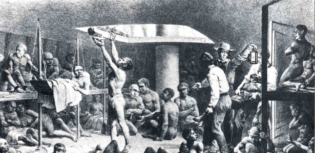 Ilustração de 1835 mostra o porão de um navio negreiro. Estima-se que mais de 660 mil africanos escravizados morreram no caminho entre a África e o Brasil - Reprodução/Johann Rugendas