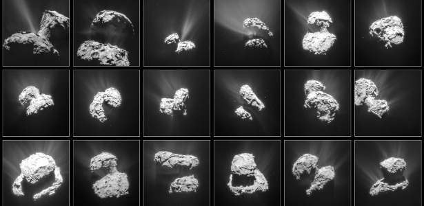 A Agência Espacial Europeia divulgou imagens da superfície do cometa 67P feitas pela sonda Rosetta entre 31 de janeiro e 25 de março deste ano, a distância de 30 a 100 km do cometa - ESA/Rosetta/NAVCAM