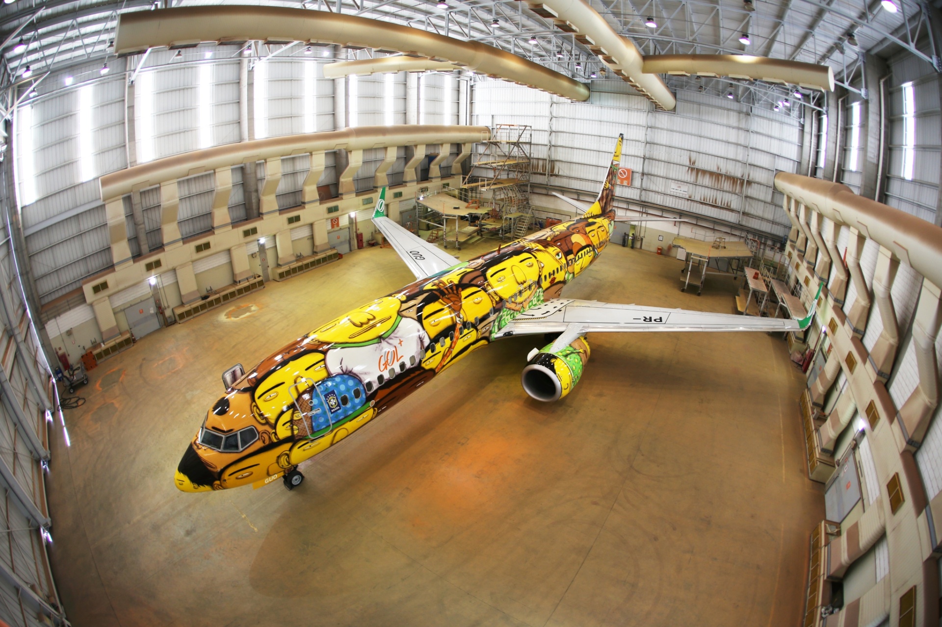 A fuselagem do Boeing 737 foi decorada com pintura dos gêmeos Otávio e Gustavo Pandolfo; o jato foi usado pela seleção brasileira durante a Copa do Mundo de 2014 - Divulgação/Gol