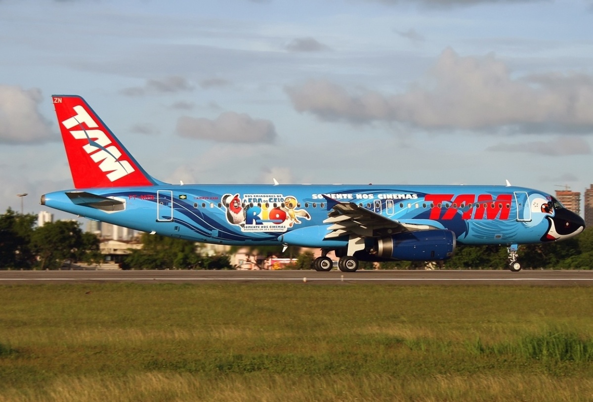 Também aqui no Brasil, a companhia aérea TAM pintou sua aeronave como a arara-azul Blu, numa promoção do filme Rio! - Divulgação/TAM