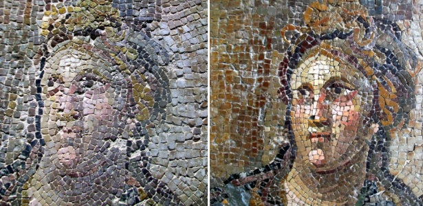 Montagem de fotos mostra detalhe de um mosaico antes (direita) e depois (esquerda) da restauração no Museu da Arqueologia da Turquia -  Antakya Museum/AFP