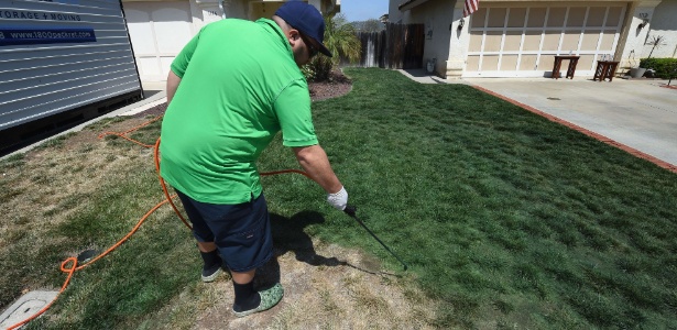 Funcionário de empresa de San Diego, Califórnia (EUA), pinta grama de verde - Mark Ralston/AFP
