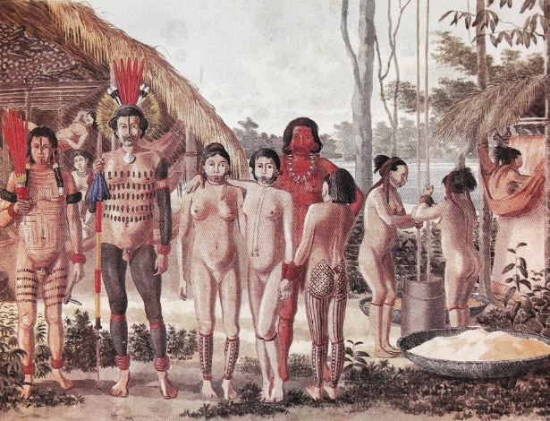 Ilustração feita por Hercule Florence sobre os Apiacás, em 1828. A técnica usada foi aquarela sobre papel - Coleção Academia de Ciências da Rússia