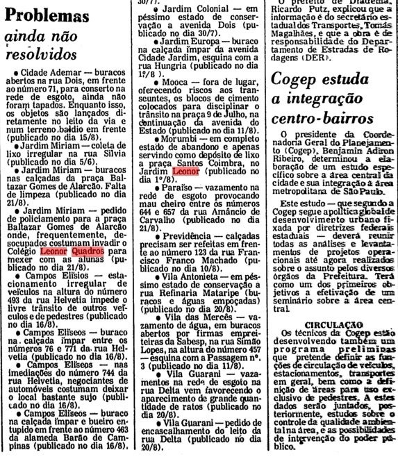 Nota da Folha de S.Paulo de setembro de 1975 aponta problemas decorrentes da falta de policiamento no Colégio Estadual Leonor Quadros
