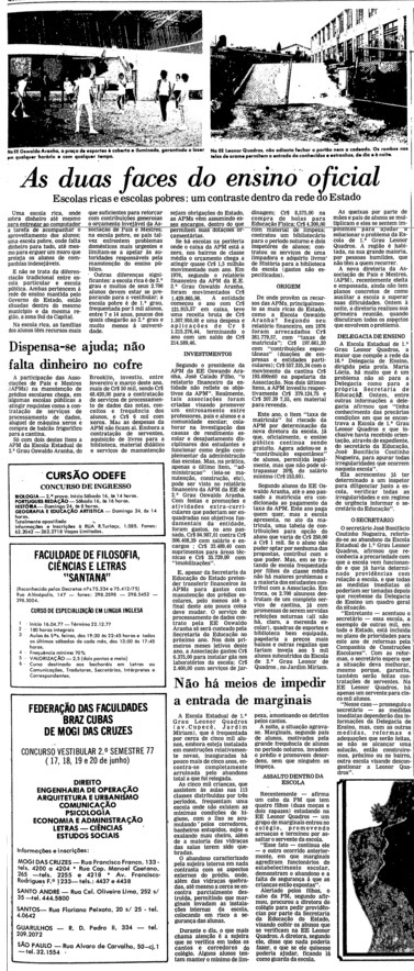 "As duas faces do ensino oficial", reportagem da Folha de S.Paulo de abril de 1977, apontava a E.E. Leonor Quadros como exemplo de escola abandonada pelo poder público