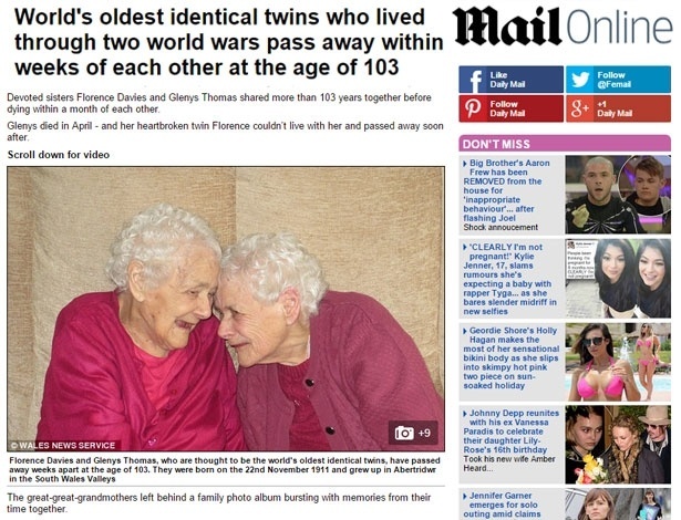 Florence Davies (à esq.) e Glenys Thomas conviveram por mais de um século - Reprodução/Daily Mail