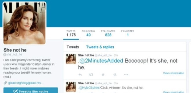 Perfil automático @she_not_he usa um algoritmo que corrige usuários que optarem (em inglês) pelo pronome masculino em tuítes sobre Jenner - BBC