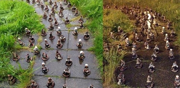 Mais de cem gnomos foram deixados no jardim de Marcela Telehanicova na Inglaterra - BoingBoing/Twitter/Reprodução