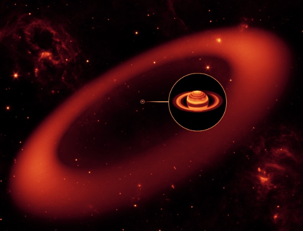 O anel Phoebe, de Saturno, é ainda maior do que se imaginava e, diversamente dos outros anéis, é composto por partículas de poeira muito pequenas - NASA/WM.Keck Observatory/JPL-G. Orton