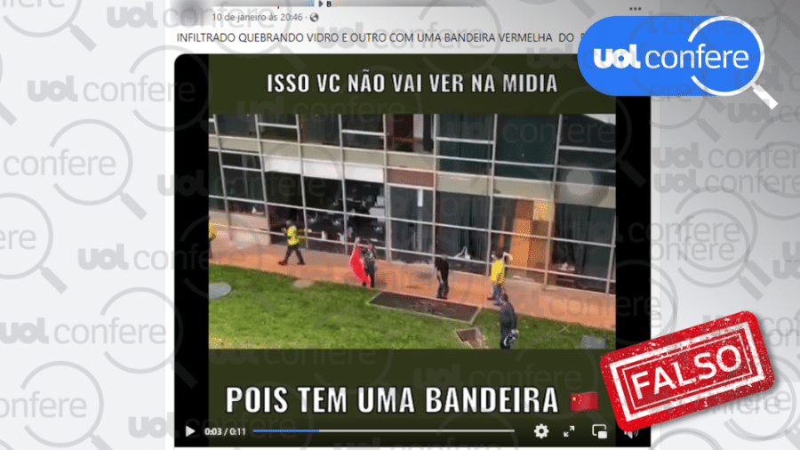 16.jan.2023 - Portal Metrópoles noticiou o furto da bandeira; bolsonaristas criaram teses de falsos infiltrados para se distanciar das cenas de destruição em Brasília - Arte/UOL sobre Reprodução Facebook