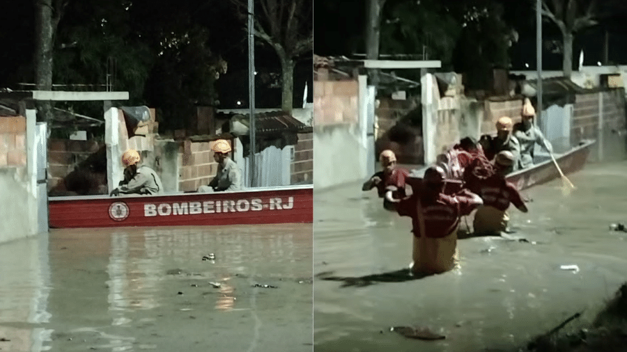 Família ficou ilhada em casa no bairro Jardim Catarina, em São Gonçalo, e foi resgatada pelos bombeiros - Reprodução/CBMRJ