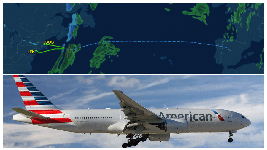 O voo deveria seguir para a Espanha, como mostra a linha pontilhada, mas teve que ser desviado para Boston, nos EUA