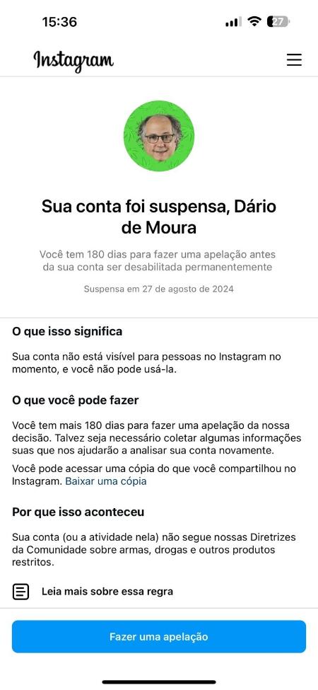 Aviso do Instagram ao suspender a conta de Dário Moura (PSOL-MG), candidato a vereador de Belo Horizonte (MG)