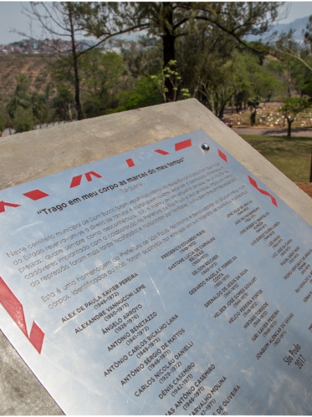 Placa em homenagem às vítimas da ditadura militar enterradas em vala comum no cemitério Dom Bosco, em Perus - Amanda Perobelli/UOL