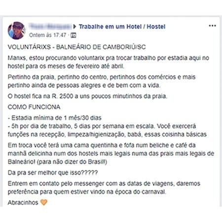 - anuncio de hostel em balneario camboriu sc 1549043758279 v2 450x450 - Hostels em SC dão trabalho por comida e hospedagem, mas pode ser ilegal Reprodução - anuncio de hostel em balneario camboriu sc 1549043758279 v2 450x450 - Hostels em SC dão trabalho por comida e hospedagem, mas pode ser ilegal