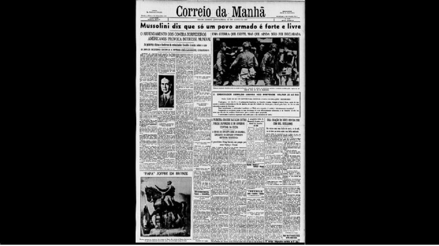 Manchete do Correio de Manhã de 12 de agosto de 1937: qualquer semelhança entre fala de Mussolini e de Bolsonaro não é mera coincidência - Reprodução