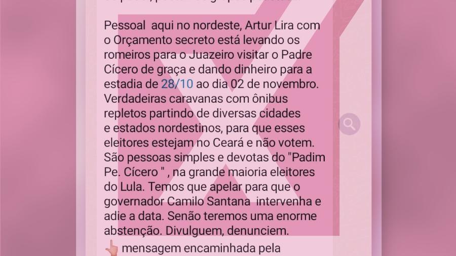 23.out.2022 - É falsa a mensagem que atribui a Arthur Lira condução de romeiros a Juazeiro para gerar abstenção no 2º turno - Projeto Comprova