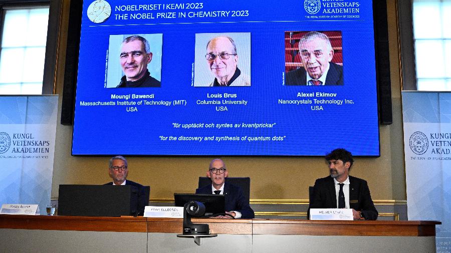 Vencedores do Prêmio Nobel de Química de 2023 são anunciados pela Real Academia Sueca de Ciências em Estocolmo, Suécia, em 4 de outubro de 2023