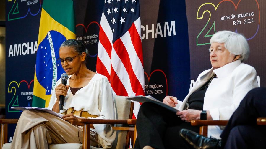Ministra do Meio Ambiente, Marina Silva, e a Secretária do Tesouro dos Estados Unidos da América, Janet Yellen, em um evento em São Paulo para tratar temas de cooperação bilateral em economia, finanças e sustentabilidade - ALOISIO MAURICIO/ESTADÃO CONTEÚDO