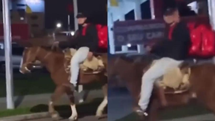 Homem foi flagrado com bolsa de entrega sobre cavalo na cidade de São José dos Pinhais - Delegado Matheus Laiola/Twitter/Reprodução de vídeo
