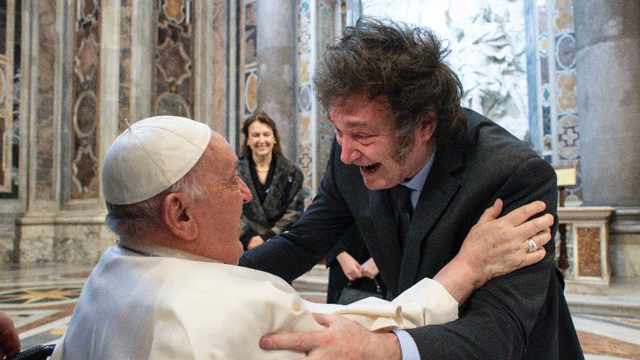 11.fev.2024 - O Papa Francisco e o presidente Argentino Javier Milei se encontram no Vaticano