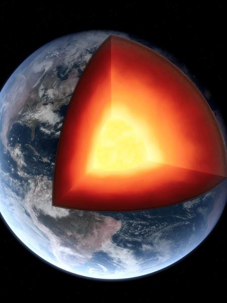 Imagem da Terra cortada com suas camadas à mostra com destaque para o núcleo do planeta Imagem da Terra cortada com suas camadas à mostra com destaque para o núcleo do planeta