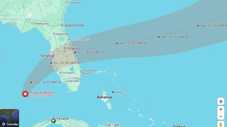 Projeção feita pelo Google Maps mostra possível trajetória do furacão Milton nesta quarta-feira (9)