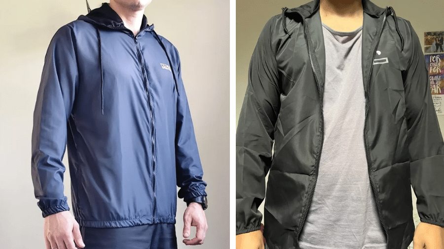 Jaqueta corta-vento está disponível nas cores azul, preta e branca Jaqueta corta-vento está disponível nas cores azul, preta e branca
