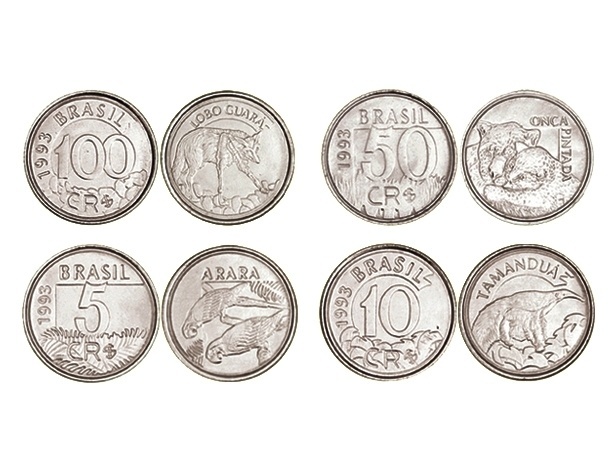 Brasil: A série de moedas de cruzeiro real, que circulou entre 1993 e 1994, também homenageava animais típicos do Brasil: arara, tamanduá, onça-pintada e lobo-guará - Reprodução/Banco Central