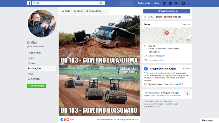 16.dez.2019 - Post da página O Mito com informações erradas sobre obra na BR-163 - Reprodução/Facebook - Reprodução/Facebook