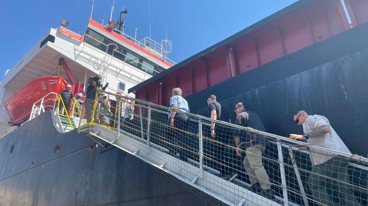 19.August.22 - UN Secretary-General Antonio Guterres boards a ship in the port of Odessa, Ukraine - UN/SAVIANO ABREU/via REUTERS - UN/SAVIANO ABREU/via REUTERS